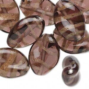 10 India Glass Purple Mauve Copper Foil 20mm Twisted Oval Beads
